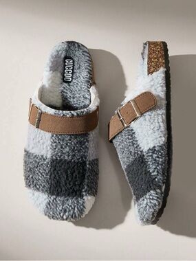 Cozy Gray + White Buffalo print fuzzy slip on clogs